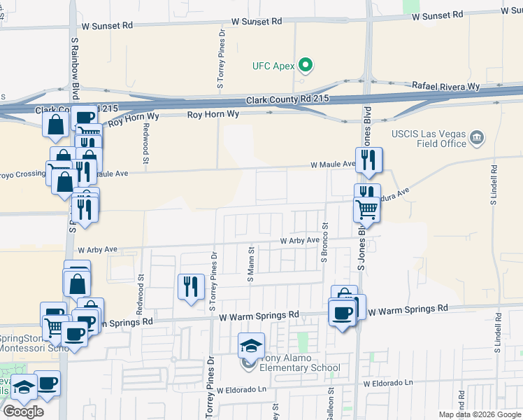 map of restaurants, bars, coffee shops, grocery stores, and more near 6374 Pear Valley Ln in Las Vegas