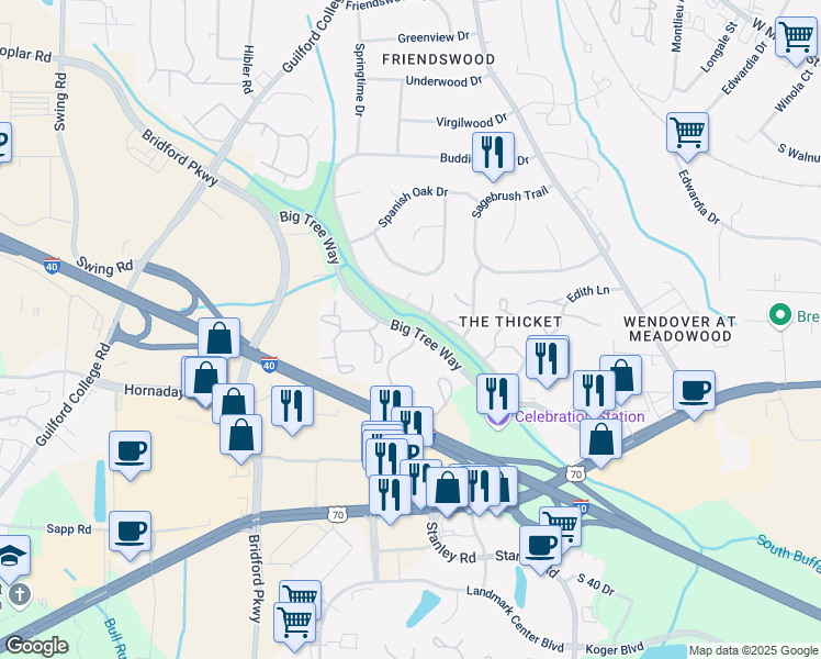 map of restaurants, bars, coffee shops, grocery stores, and more near Big Tree Way in Greensboro