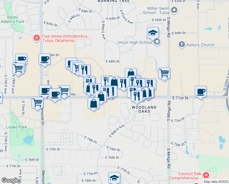 map of restaurants, bars, coffee shops, grocery stores, and more near 9027 East 71st Street in Tulsa