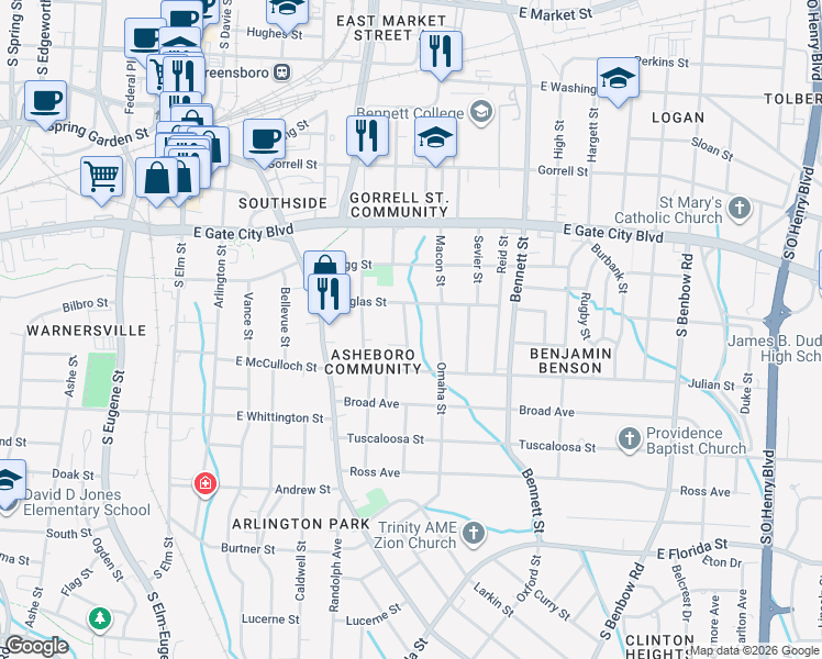 map of restaurants, bars, coffee shops, grocery stores, and more near 915 Martin Street in Greensboro