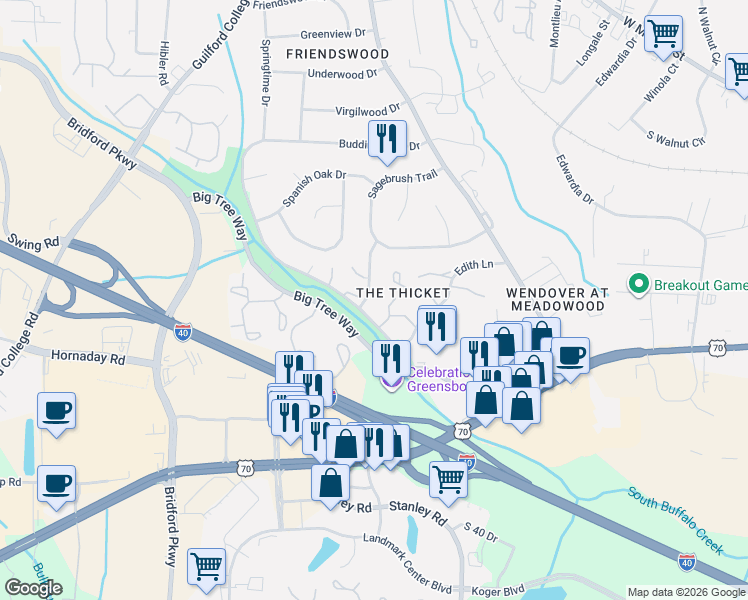 map of restaurants, bars, coffee shops, grocery stores, and more near 737 Shelby Drive in Greensboro