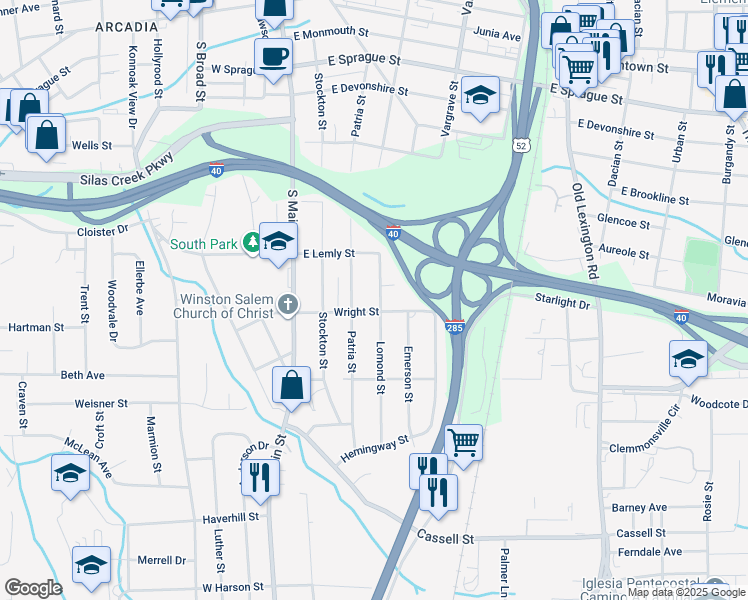 map of restaurants, bars, coffee shops, grocery stores, and more near 2744 Lomond Street in Winston-Salem