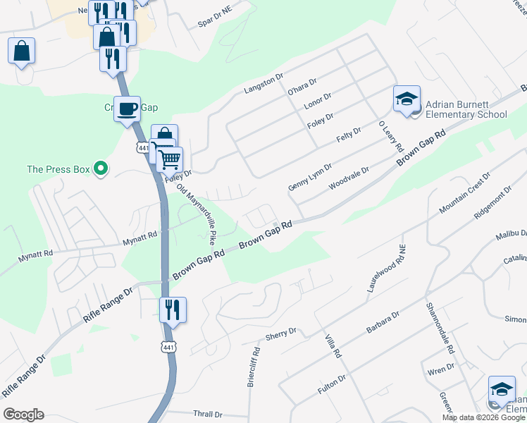 map of restaurants, bars, coffee shops, grocery stores, and more near 6524 Arborcrest Way in Knoxville