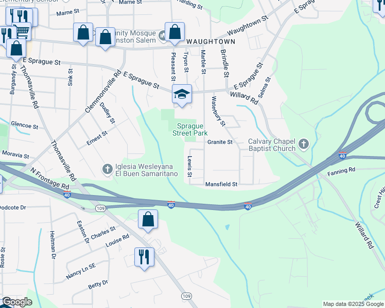 map of restaurants, bars, coffee shops, grocery stores, and more near 2505 Lewis Street in Winston-Salem