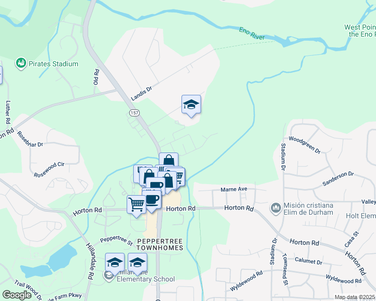 map of restaurants, bars, coffee shops, grocery stores, and more near 1312 Nicklaus Dr in Durham
