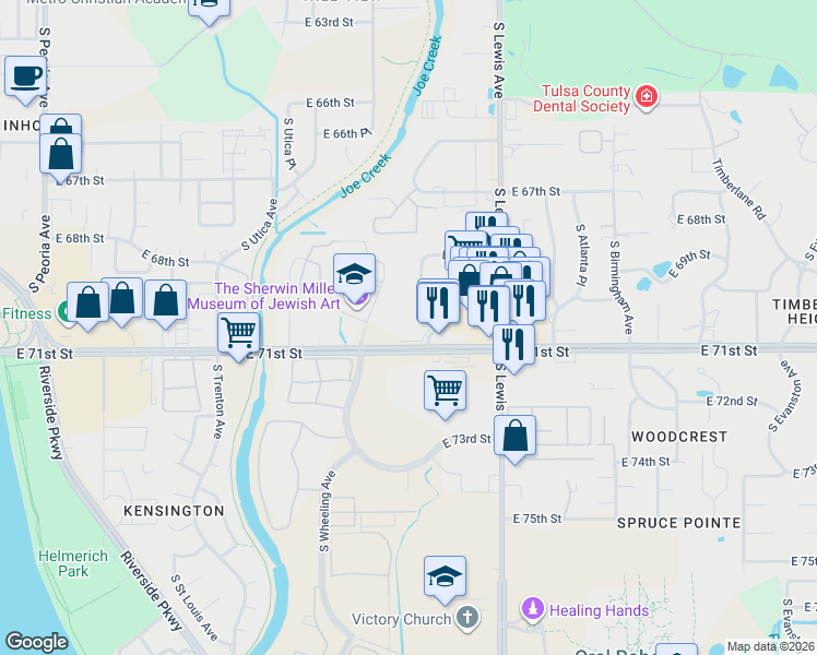 map of restaurants, bars, coffee shops, grocery stores, and more near 2087 East 71st Street in Tulsa