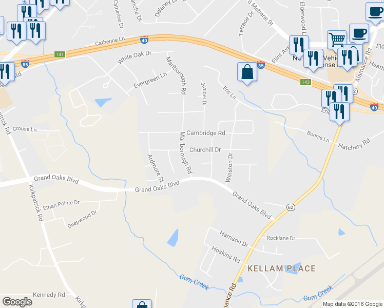 map of restaurants, bars, coffee shops, grocery stores, and more near 2536 Churchill Drive in Burlington