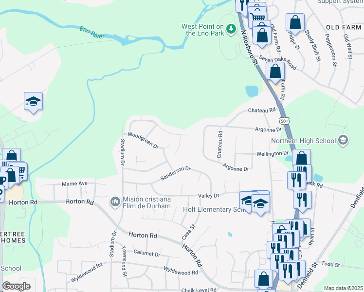 map of restaurants, bars, coffee shops, grocery stores, and more near 107 Parsons Green Court in Durham