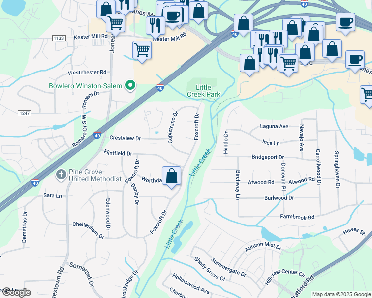 map of restaurants, bars, coffee shops, grocery stores, and more near 102 Capistrano Drive in Winston-Salem