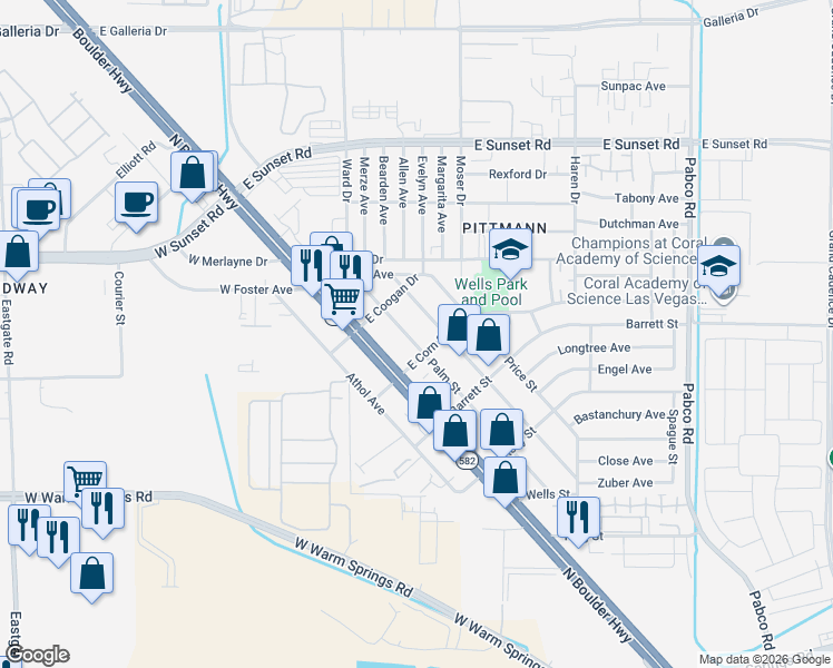 map of restaurants, bars, coffee shops, grocery stores, and more near 1625 Palm Street in Henderson