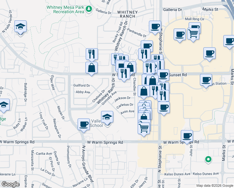 map of restaurants, bars, coffee shops, grocery stores, and more near 586 Grimsby Avenue in Henderson