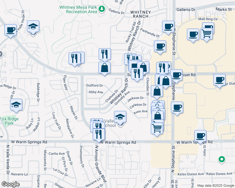 map of restaurants, bars, coffee shops, grocery stores, and more near 543 Chelsea Drive in Henderson
