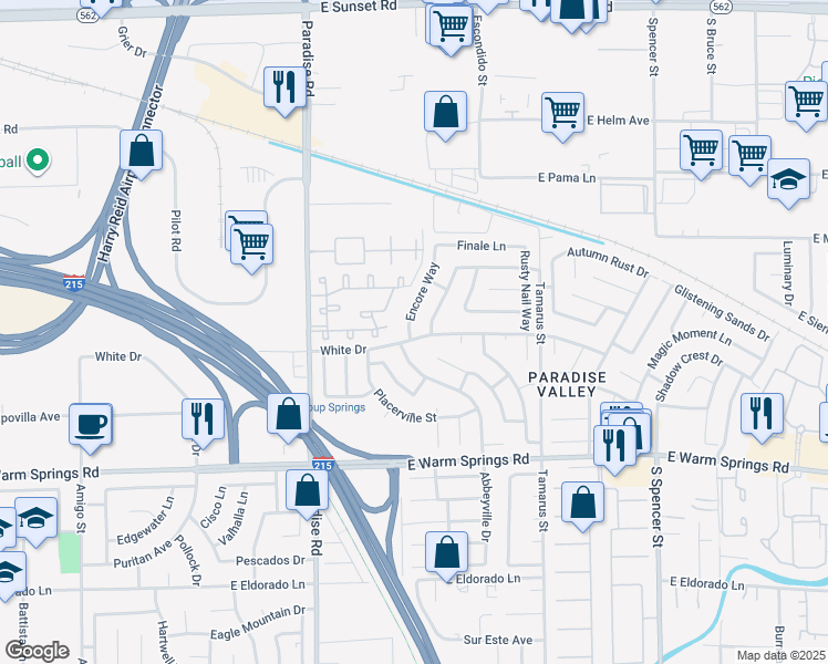 map of restaurants, bars, coffee shops, grocery stores, and more near 7040 Encore Way in Las Vegas