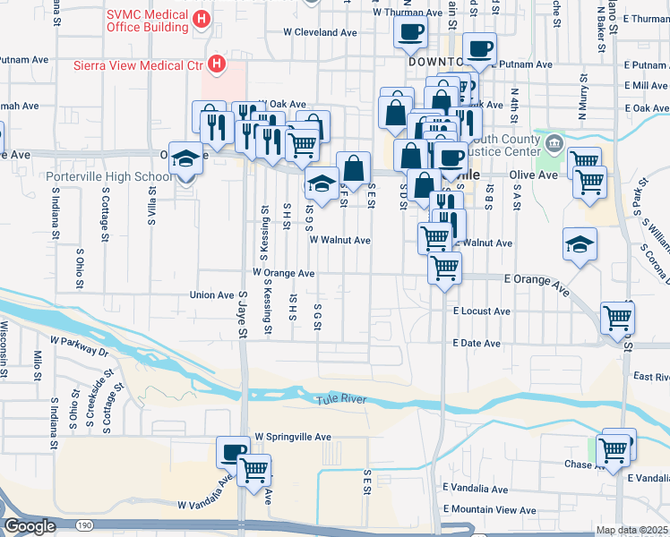 map of restaurants, bars, coffee shops, grocery stores, and more near 229 South F Street in Porterville