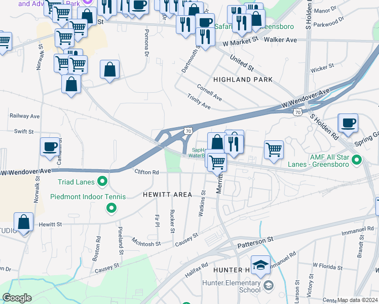 map of restaurants, bars, coffee shops, grocery stores, and more near 3804 Spring Garden Street in Greensboro