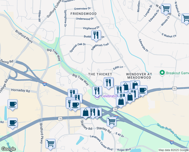 map of restaurants, bars, coffee shops, grocery stores, and more near in Greensboro