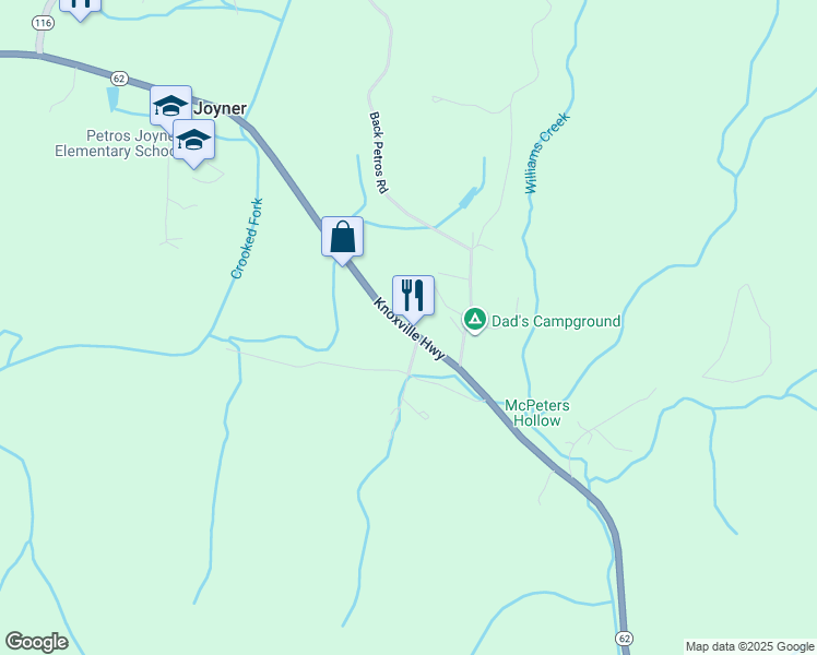 map of restaurants, bars, coffee shops, grocery stores, and more near 4566 Knoxville Highway in Oliver Springs