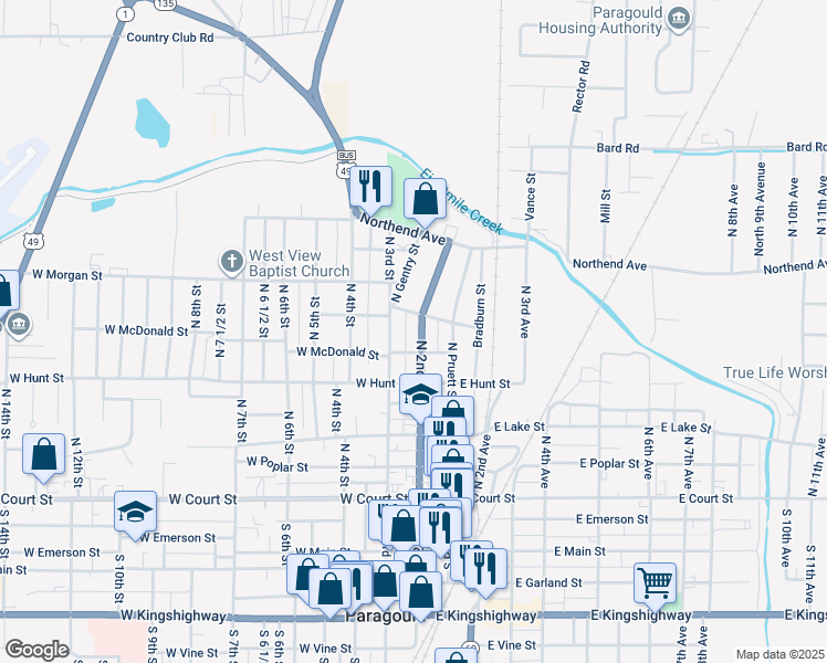 map of restaurants, bars, coffee shops, grocery stores, and more near 616 North 2nd Street in Paragould