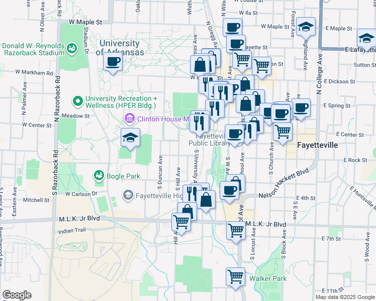 map of restaurants, bars, coffee shops, grocery stores, and more near 170 South Hill Avenue in Fayetteville