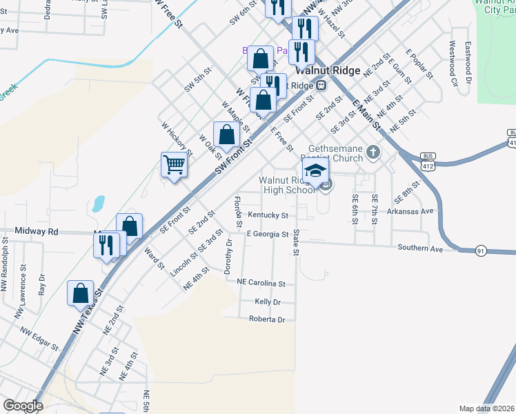 map of restaurants, bars, coffee shops, grocery stores, and more near 720 Tennessee Street in Walnut Ridge
