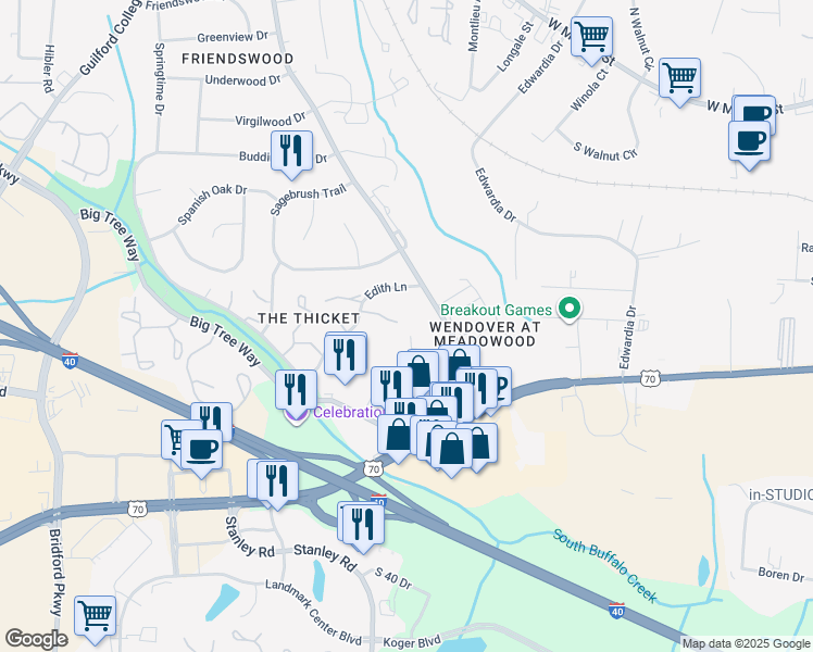 map of restaurants, bars, coffee shops, grocery stores, and more near 4219 Edith Lane in Greensboro