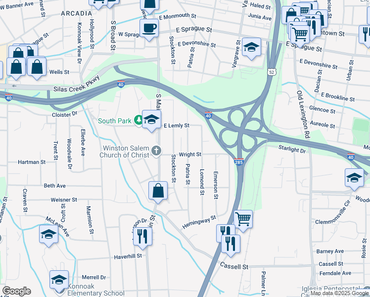 map of restaurants, bars, coffee shops, grocery stores, and more near 2748 Patria Street in Winston-Salem