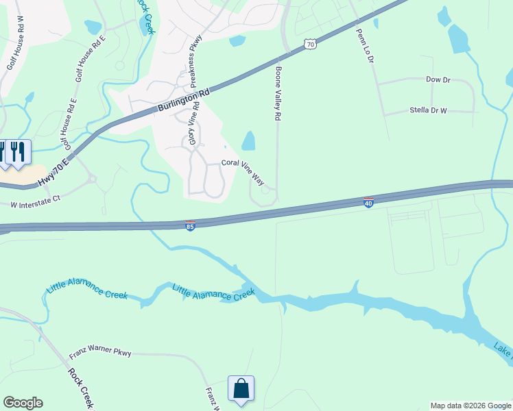 map of restaurants, bars, coffee shops, grocery stores, and more near 1139 Brooksridge Way in Whitsett