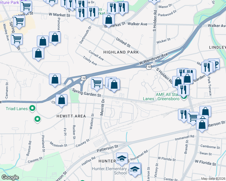 map of restaurants, bars, coffee shops, grocery stores, and more near 3605 Brevard Street in Greensboro