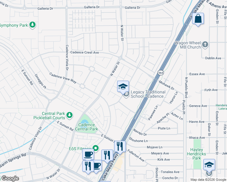 map of restaurants, bars, coffee shops, grocery stores, and more near 398 Highspot Street in Henderson