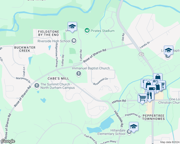 map of restaurants, bars, coffee shops, grocery stores, and more near 3067 Rosewood Circle in Durham