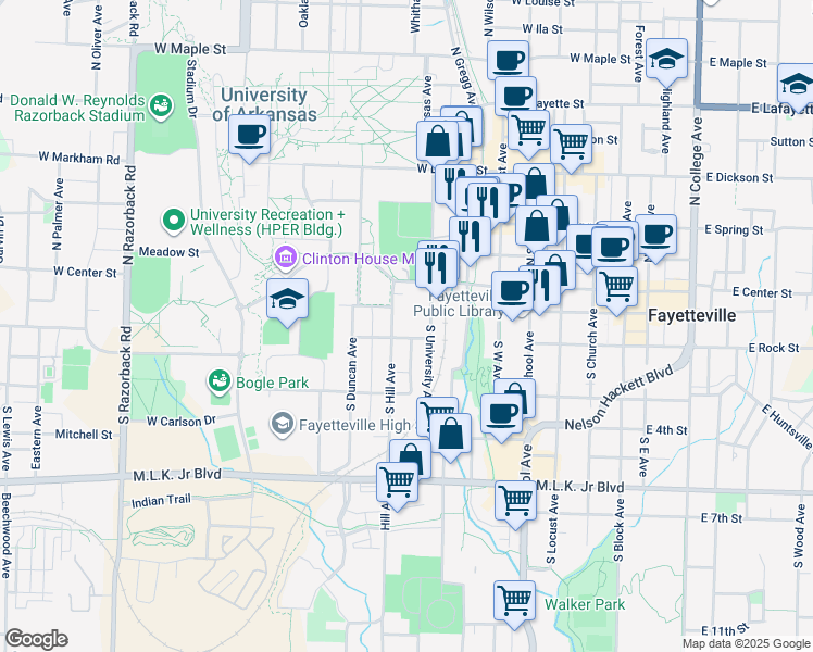 map of restaurants, bars, coffee shops, grocery stores, and more near 180 South Hill Avenue in Fayetteville