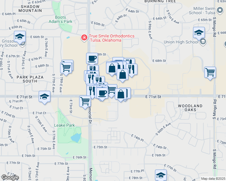 map of restaurants, bars, coffee shops, grocery stores, and more near Woodland Hills Mall in Tulsa