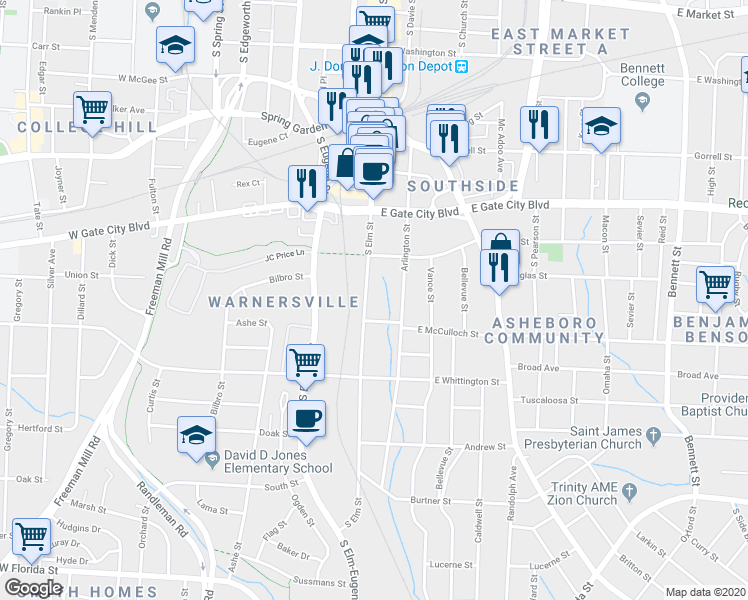 map of restaurants, bars, coffee shops, grocery stores, and more near 853 South Elm Street in Greensboro