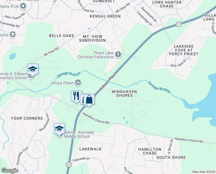 map of restaurants, bars, coffee shops, grocery stores, and more near 2705 Windcrest Trail in Nashville