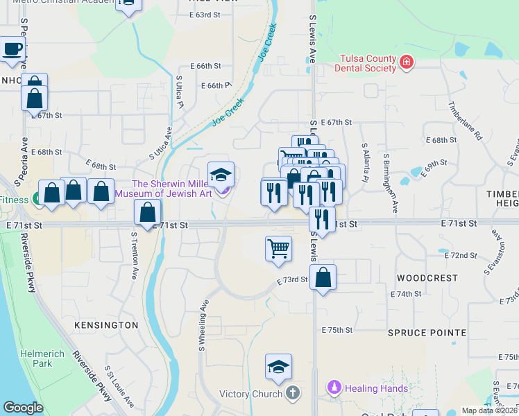 map of restaurants, bars, coffee shops, grocery stores, and more near 2087 East 71st Street in Tulsa