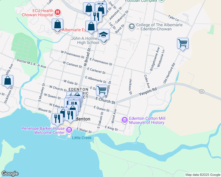 map of restaurants, bars, coffee shops, grocery stores, and more near 202 East Albemarle Street in Edenton