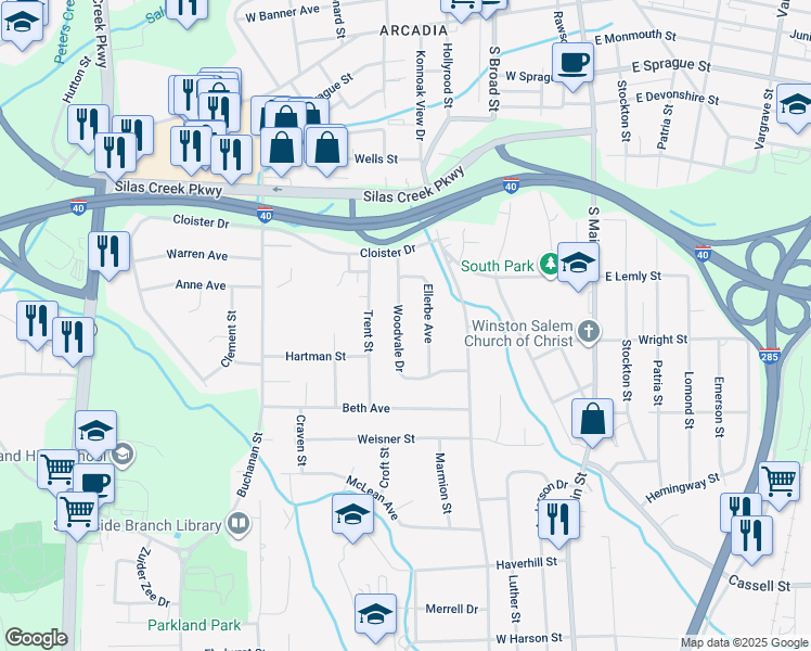 map of restaurants, bars, coffee shops, grocery stores, and more near 2713 Woodvale Drive in Winston-Salem