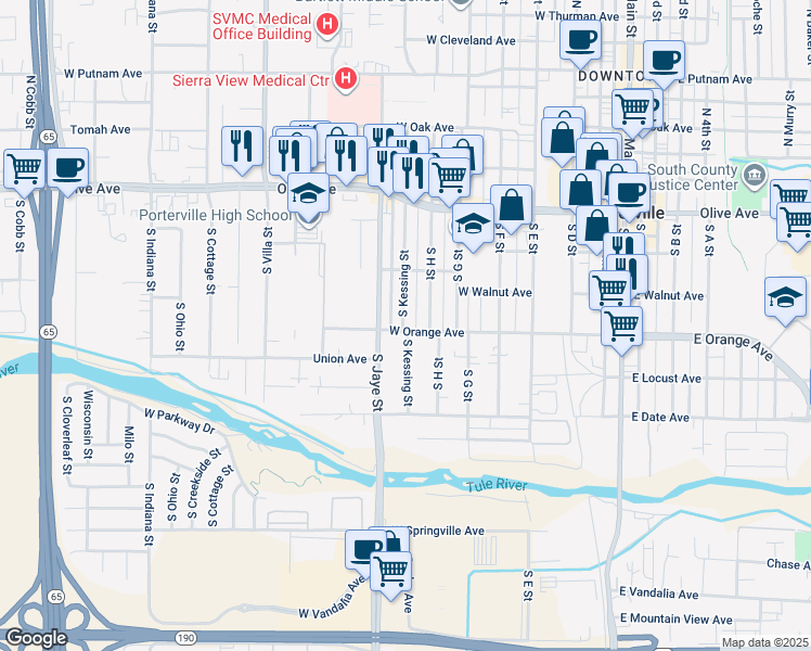 map of restaurants, bars, coffee shops, grocery stores, and more near 236 South Kessing Street in Porterville