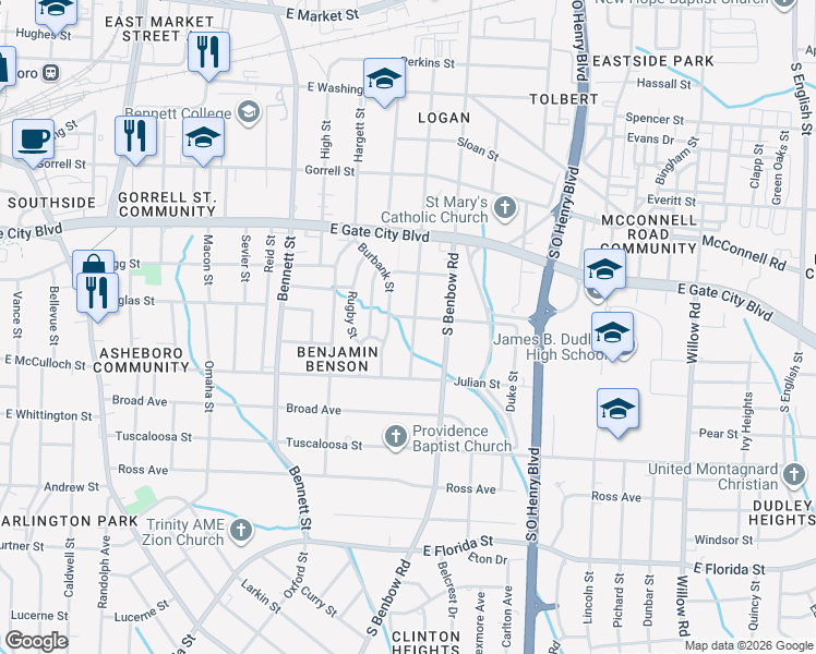 map of restaurants, bars, coffee shops, grocery stores, and more near 1102 Logan Street in Greensboro