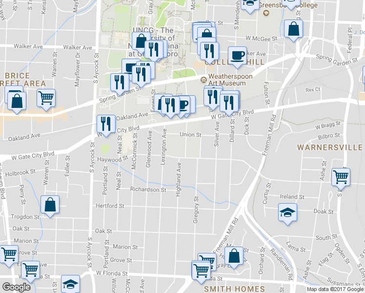map of restaurants, bars, coffee shops, grocery stores, and more near 812 Highland Avenue in Greensboro