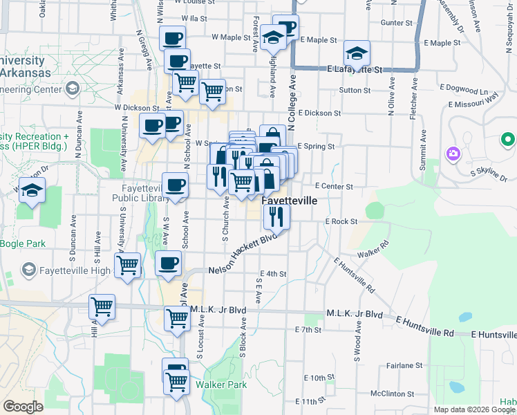 map of restaurants, bars, coffee shops, grocery stores, and more near in Fayetteville