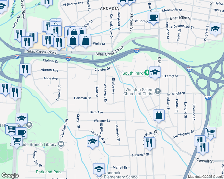 map of restaurants, bars, coffee shops, grocery stores, and more near 2714 Ellerbe Avenue in Winston-Salem