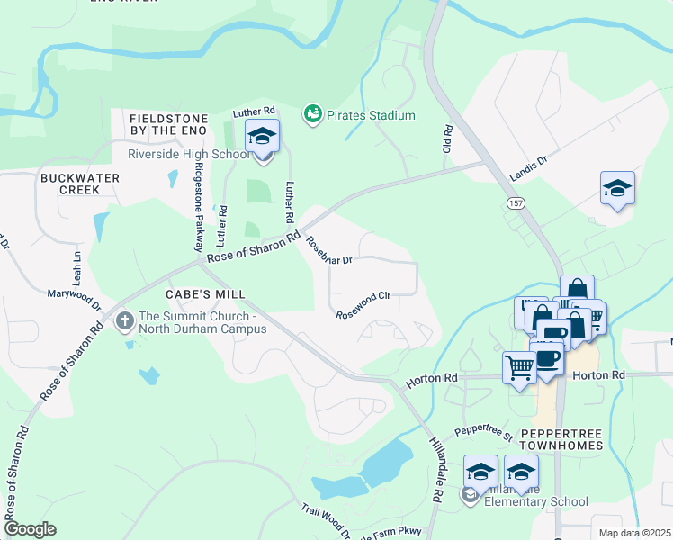 map of restaurants, bars, coffee shops, grocery stores, and more near 3107 Rosebriar Drive in Durham