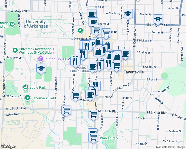 map of restaurants, bars, coffee shops, grocery stores, and more near 401 West Mountain Street in Fayetteville