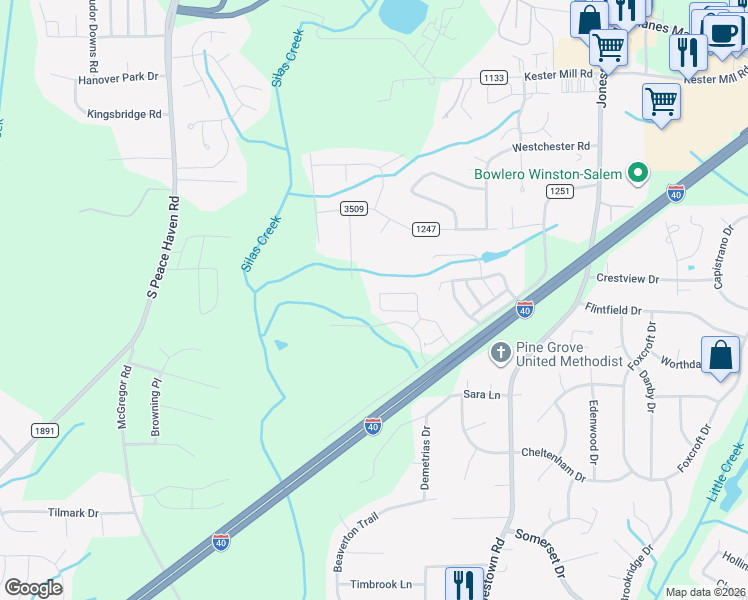 map of restaurants, bars, coffee shops, grocery stores, and more near 4929 Romara Drive in Winston-Salem