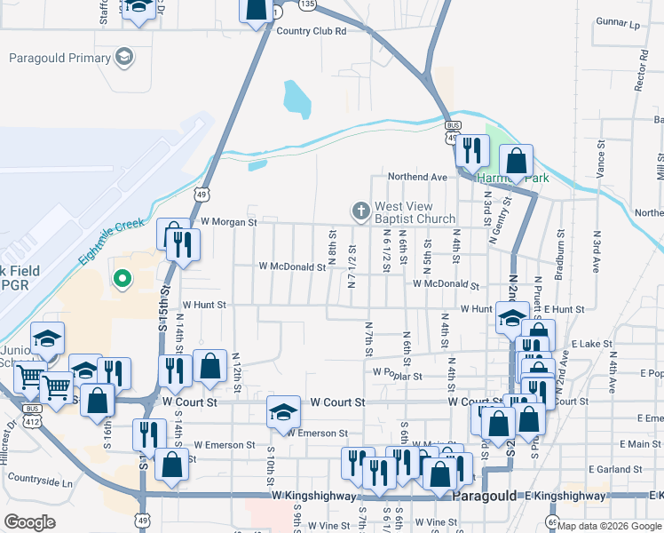 map of restaurants, bars, coffee shops, grocery stores, and more near 600 North 8th Street in Paragould