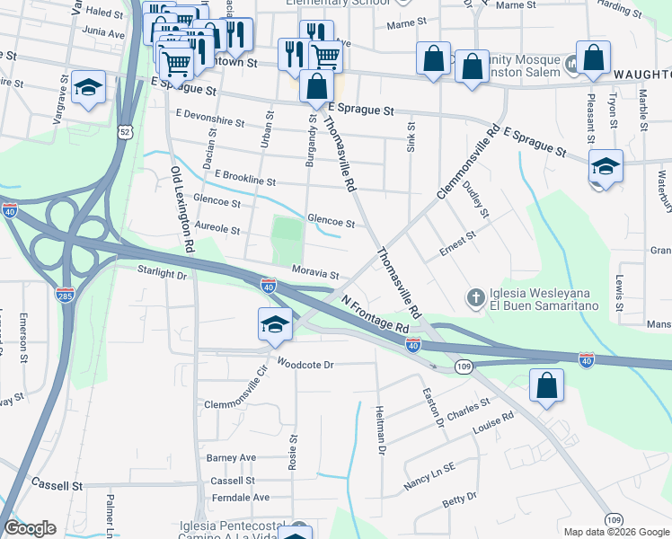 map of restaurants, bars, coffee shops, grocery stores, and more near 939 Moravia Street in Winston-Salem