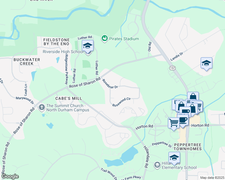 map of restaurants, bars, coffee shops, grocery stores, and more near 3107 Rosebriar Drive in Durham