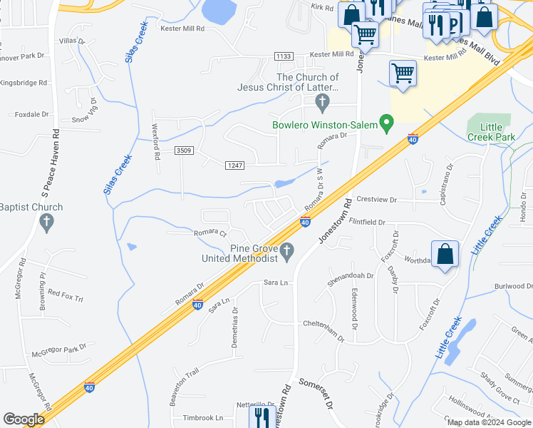 map of restaurants, bars, coffee shops, grocery stores, and more near 1055 Richmond Park Drive in Winston-Salem