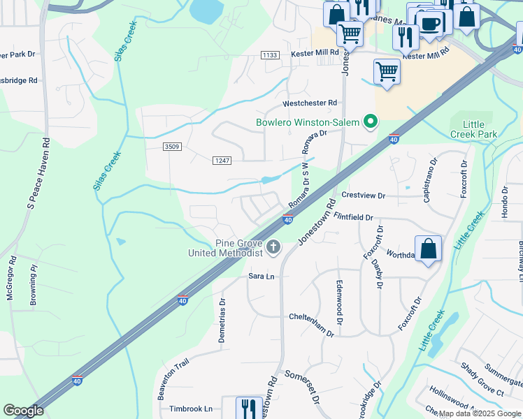 map of restaurants, bars, coffee shops, grocery stores, and more near 1146 Augustine Heights Drive in Winston-Salem